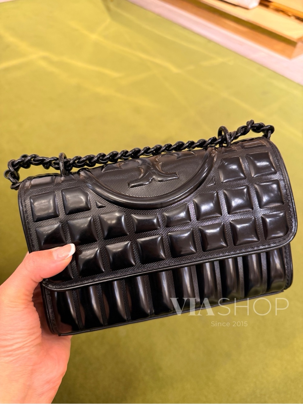 Tory Burch Fleming Metallic Square Quilted Chain Shoulder Bag Black $528